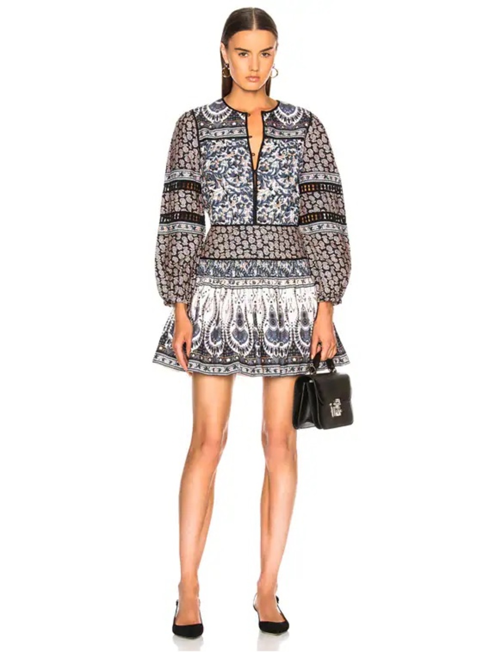 Sea New York Gemma Long-Sleeve Peasant Mini Dress Size M Navy White Printed Boho